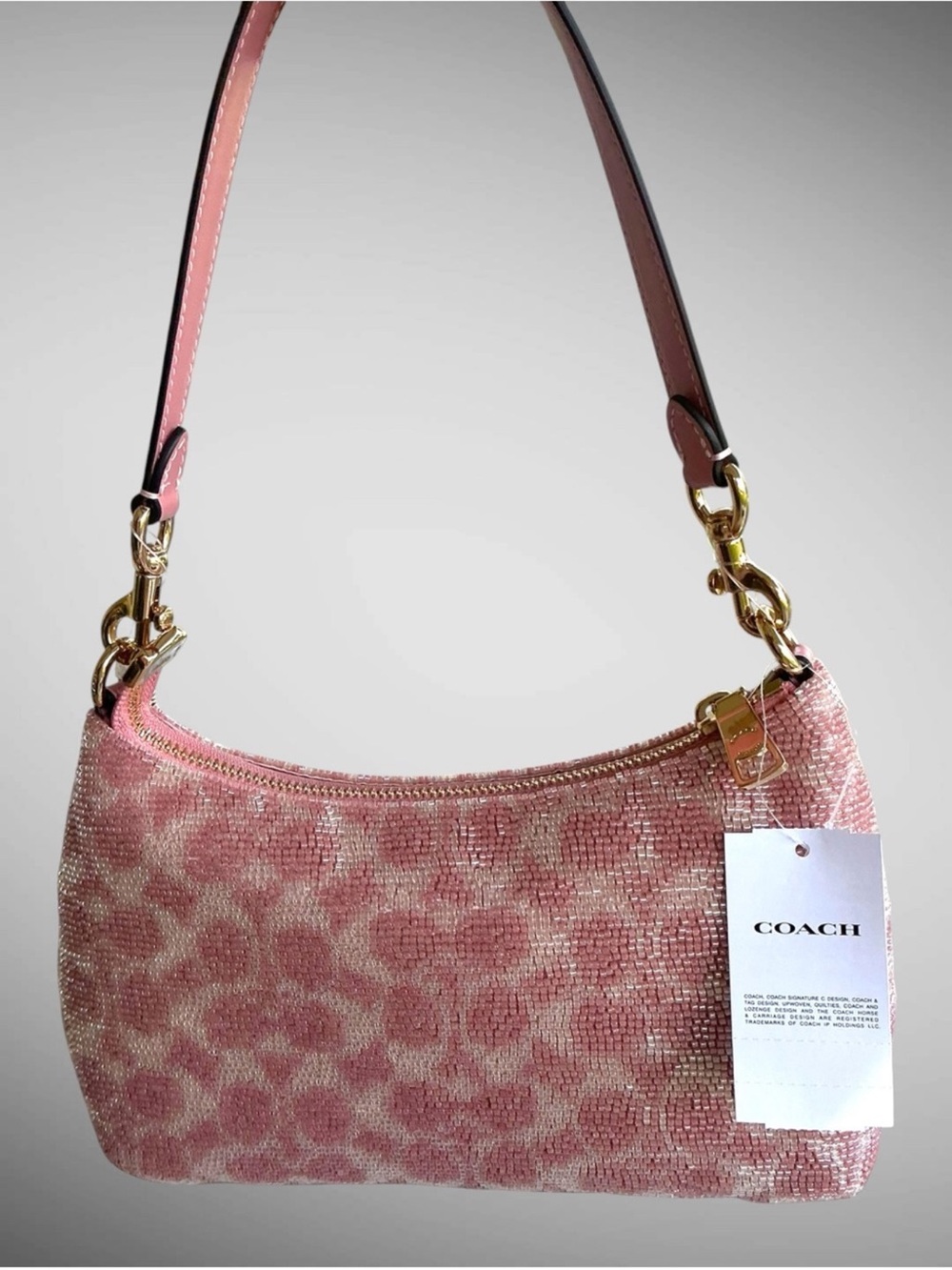 New Authentic Coach Pink Teri Shoulder Bag Signature Beaded Satin Gold Hardware
